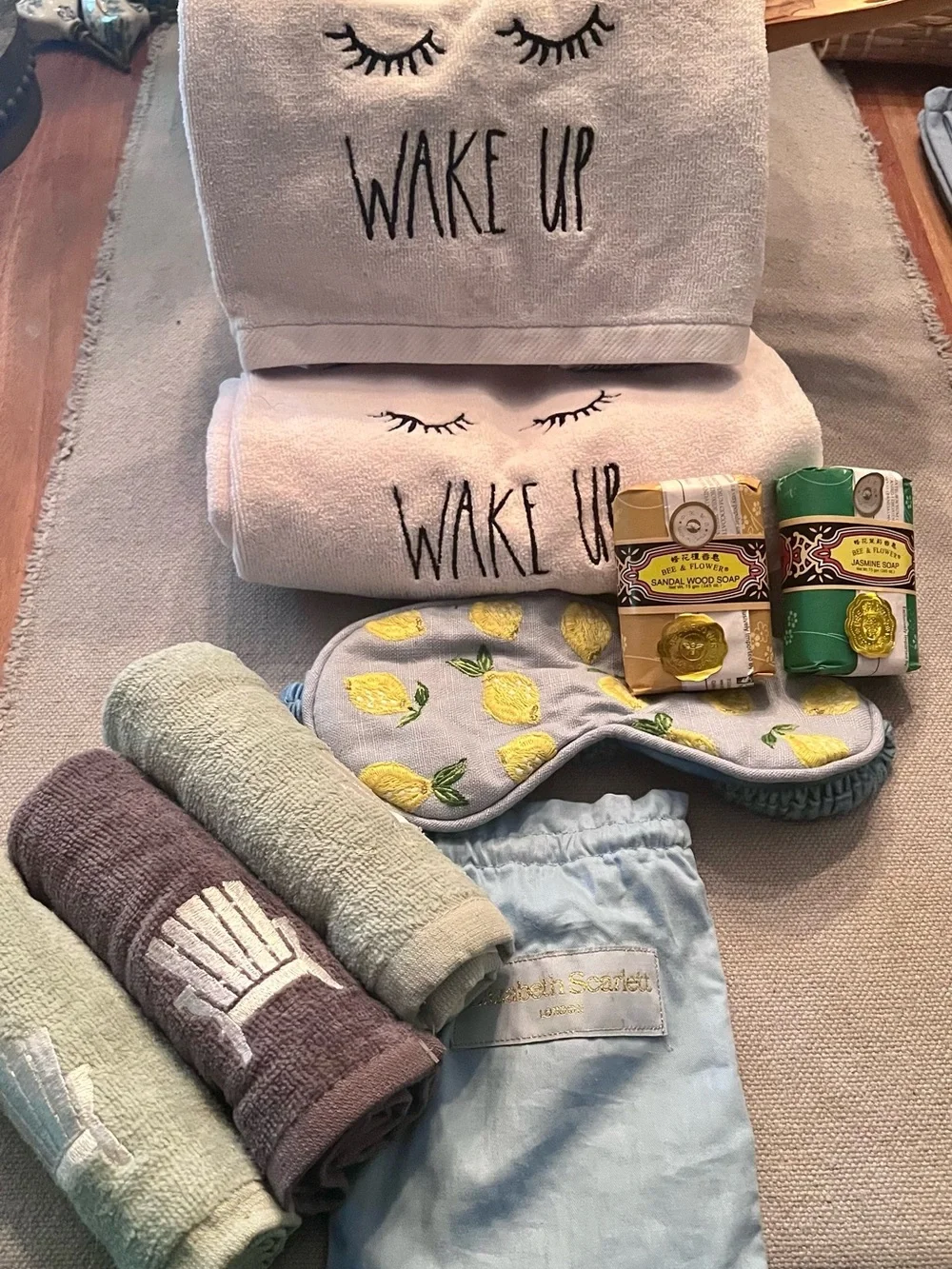 Anthro Lemon Eye Mask, Rae Dunn Towel Set, luxury soaps & set of 3 washcloths
